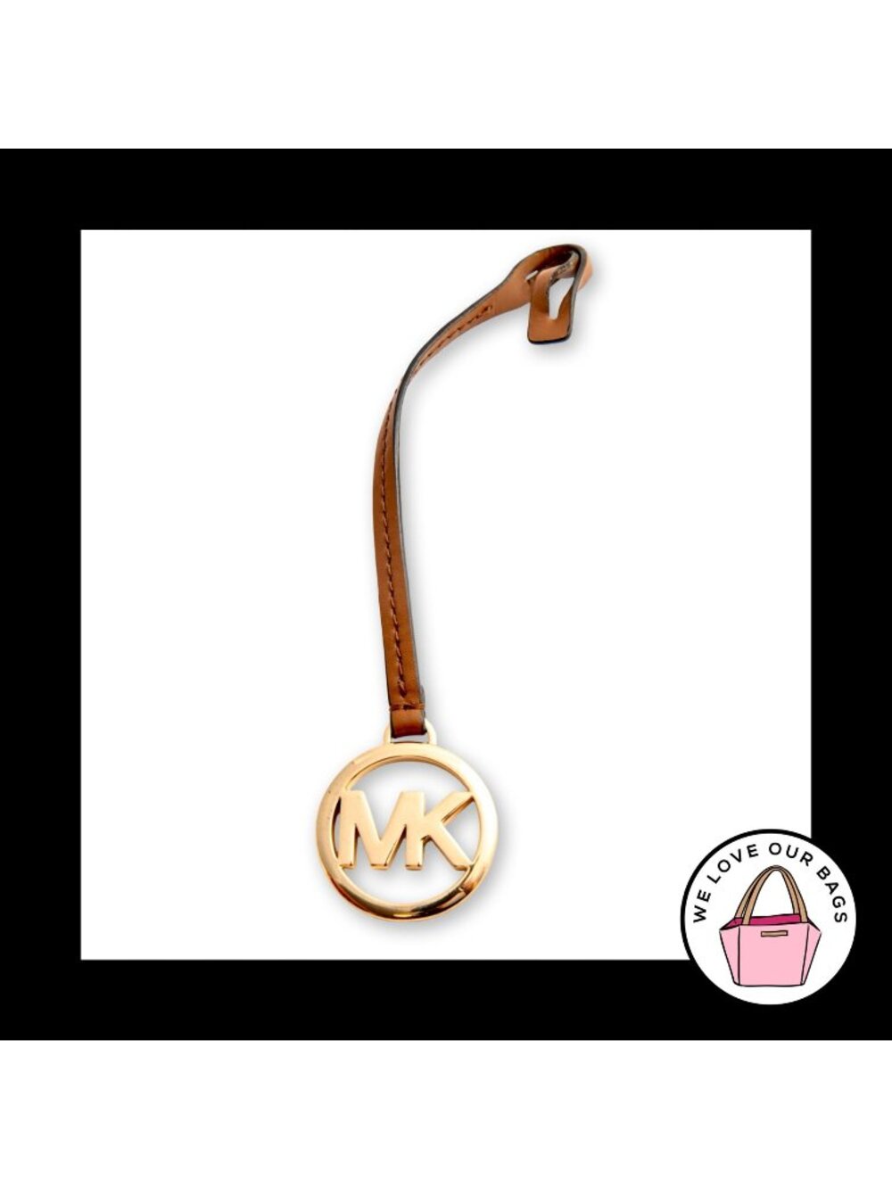 MICHAEL KORS Bag Charm Hang Tag Brown Leather Strap Gold Brass Keychain Fob